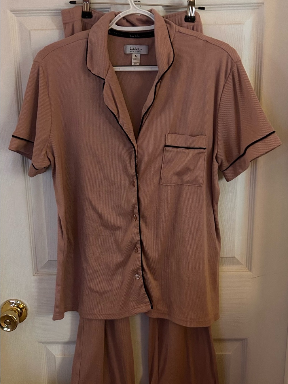 Nicole Miller Soft Chocolate Short-Sleeve Pajama Set with Black Piping